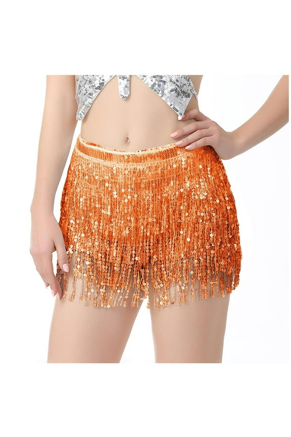Women's Denim Mini Skirt Women's Belly Dance Sequins Women Skirts Summer Tassel Dance Skirt Bohemian Drawstring Ruched Ruffle Tassel Hip Scarf Lace Up Skirt Orange Free Size