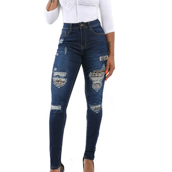 Mrat Women's Dressy Pants Fashion Women's Pocket Solid Denim Pants Female Hole Bottom Casual Long Pants Outdoor Womens Pants S-28 Blue L