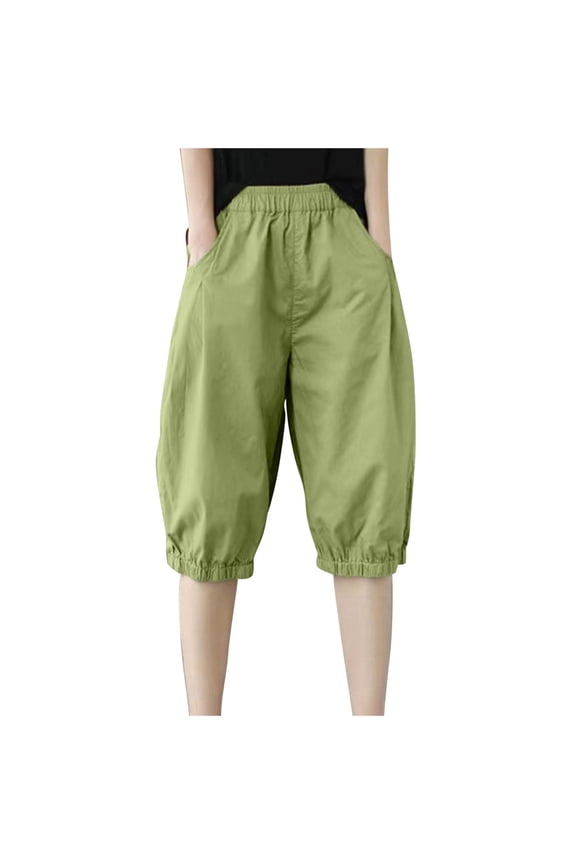 Mrat Women's Elastic Waist Drawstring Loose Solid Pant Casual Lantern Pants Capris Cropped Trousers Pull On Pants for Ladies S-124 Green XL