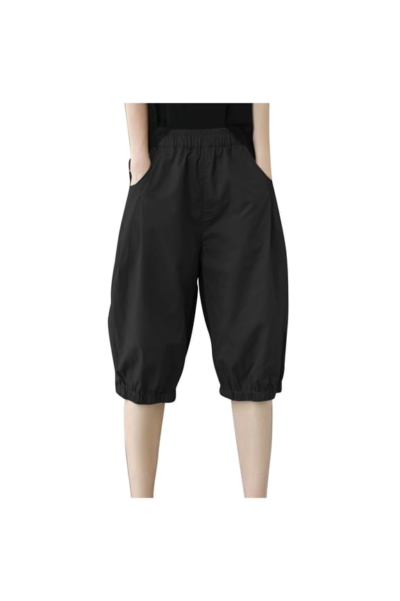 Mrat Women's Elastic Waist Drawstring Loose Solid Pant Casual Lantern Pants Capris Cropped Trousers Workwear Pants for Ladies S-124 Black L