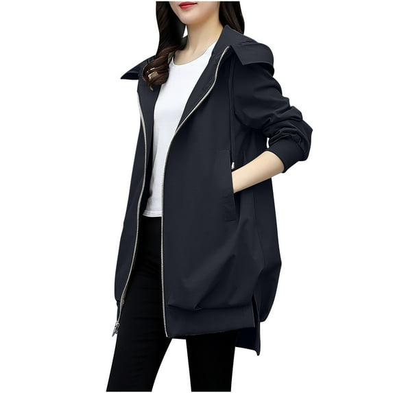 Mrat Women's Fall Zip up Jacket Plus Size Loose Long Sleeve Hoodies Mid-Long Outerwear Trench Coat with Pockets Coat Lady Winter S-19 Black M
