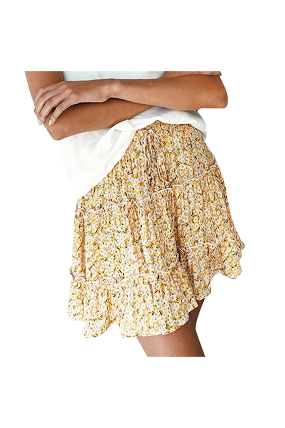 Women's Floral Print High Waist with Drawstring Ruffle FlaRed-A Boho a Line Mini Skirt S-20 Gold XXL