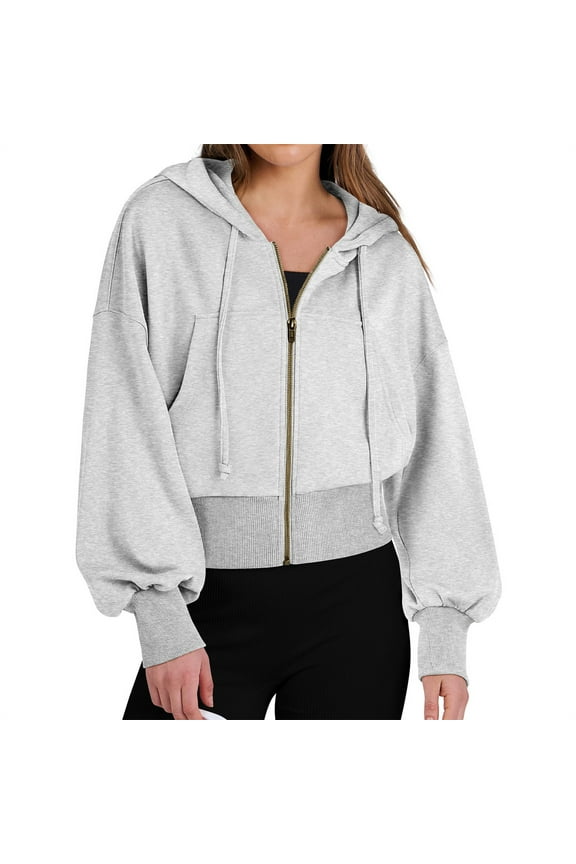 Women's Full Zip Cropped Hoodies Casual Sweatshirts Jacket with Pockets Long Sleeve Fall Clothes Lightweight Rain Jacket Lady S-50 Gray S