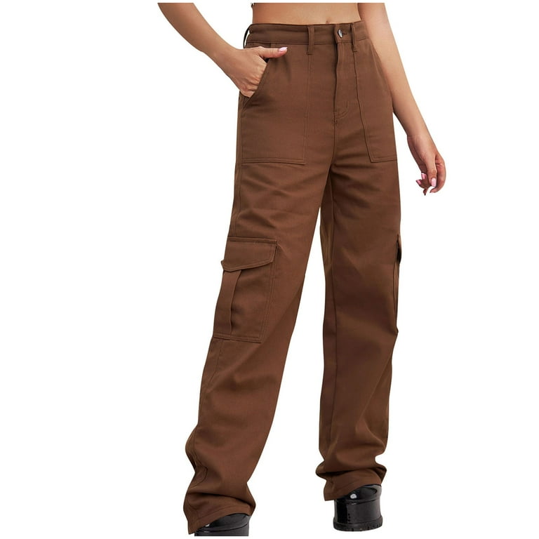 Mrat Women's High Waist Cargo Jeans Pants Stretch Baggy Multiple Pockets  Loose Fit Straight Wide Leg Cargo Jeans Cargo Denim Pants Trousers Casual  Pants 6 Pockets Brown M 