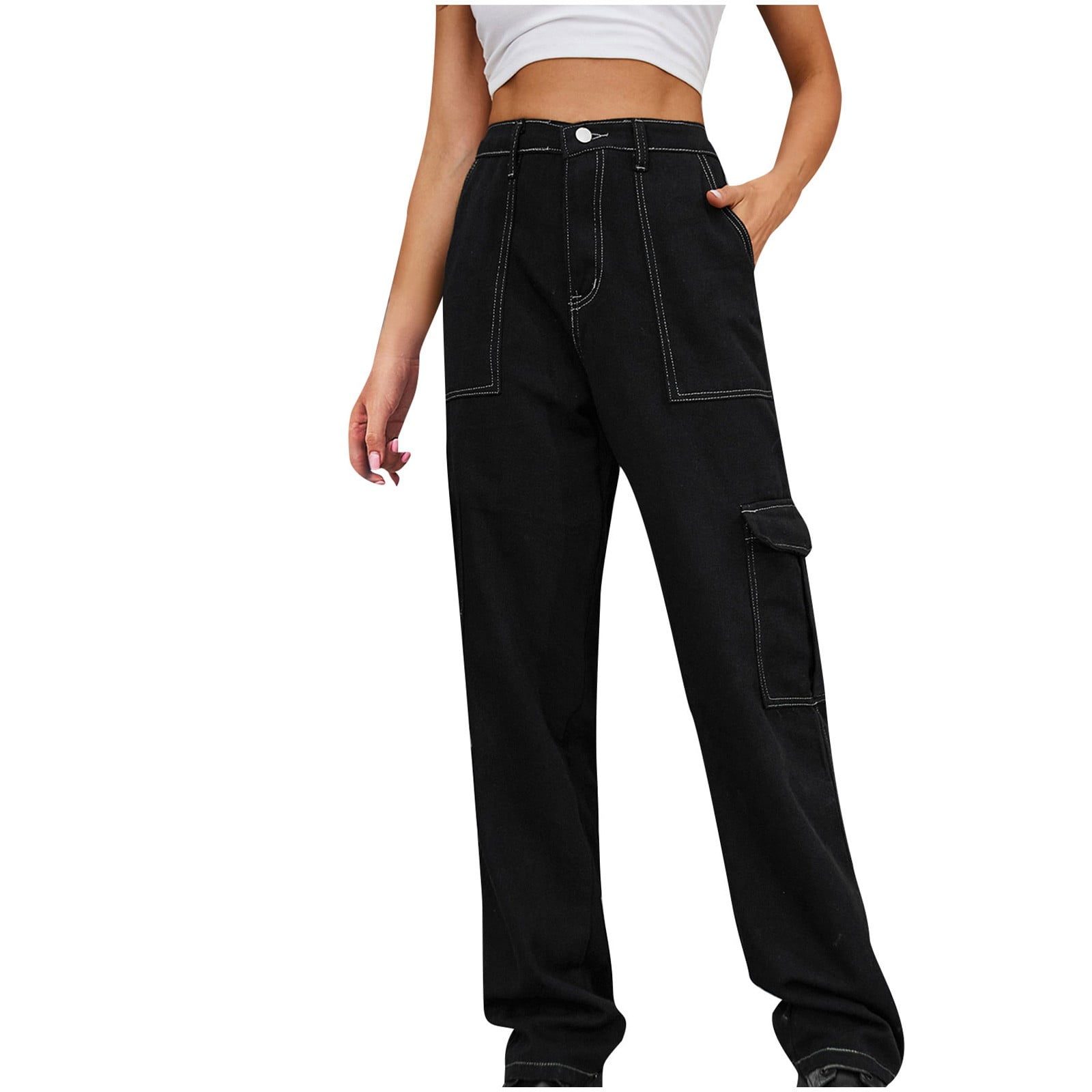 Mrat Women's High Waist Cargo Jeans Pants Stretch Baggy Multiple Pockets  Loose Fit Straight Wide Leg Cargo Jeans Cargo Denim Pants Trousers Casual