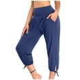 thumbnail image 1 of Mrat Women's High Waist Yoga Joggers Pants Solid Color Straight Wide Leg Loose Seamless Workout Sweatpants Capris Pants with Pockets Cropped Trousers Blue XXXXL, 1 of 7