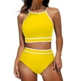 thumbnail image 1 of Mrat Women's High Waisted Swimsuit Two Piece Bikini Sets Cropped Tank Tops High Cut Panty Bathing Suits Solid Split Beachwear S-45 Yellow XL, 1 of 7