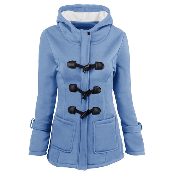 Mrat Women's Hooded Winter Coat Warm Fleeced Lined Parka Long Jackets Horn Buttons Cardigan Padded Hooded Coat Jacket Overcoat Blue_B XXL