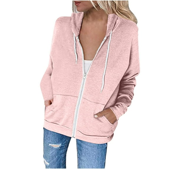 Mrat Women's Jackets Polyester Long Sleeve Zip up Hoodies Sweatshirt Pockets Solid Color Drawstring Fleece Hooded Jackets Winter Coat Outerwear E-Pink L