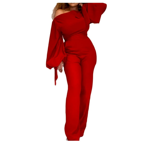 Mrat Women's Jumpsuits Rompers Women's Trendy Off Shoulder Casual High Waist Large Size Wide Leg Jumpsuit Jumpsuit Womens Work Pants S-249 Red-A M