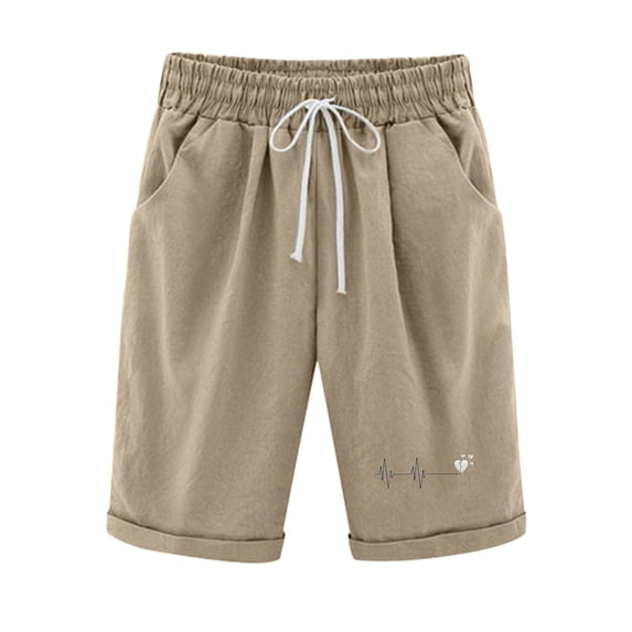Mrat Women's Knee Length Bermuda Shorts Elastic Waist Drawstring Casual 10" Long Printed Shorts Loose Fitting Beach Shorts with Pockets S-26 Khaki S
