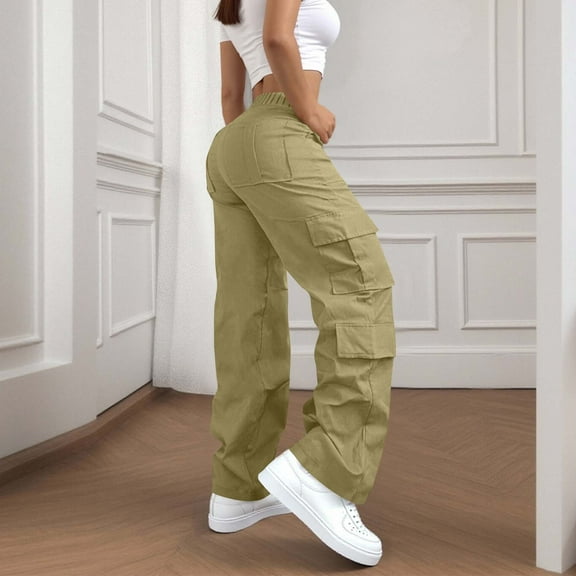 Mrat Women's Lightweight Pants Women's Casual Elastic Button Pocket High Waist Drawstring Wide Leg Workwear Pants Cargo Pants Women S-470 Khaki S