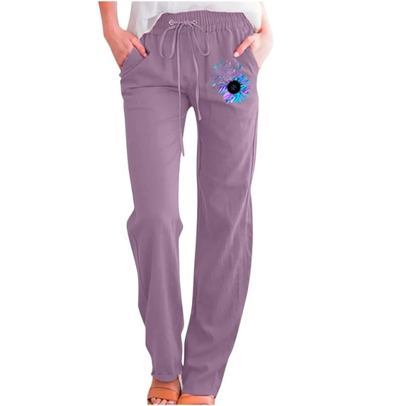 Mrat Women's Linen Pants Women Sweatpants Casual Printing Elastic Loose Women Joggers Pants Pants Straight Wide Trousers for Women High Waisted Leg Trousers Pants Purple_HH 3XL