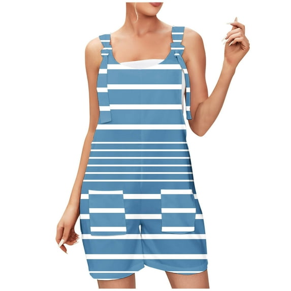 Mrat Women's Linen Rompers Short Casual Adjustable Suspender Stripe Printing Shorts Pocket Jumpsuit Shorts S-20 Blue S
