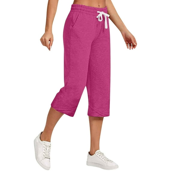 Mrat Women's Linen Wide Leg Capris High Waisted Drawstring Cropped Pants Casual Loose Capris Beach Pants with Pockets S-14 Hot-Pink M