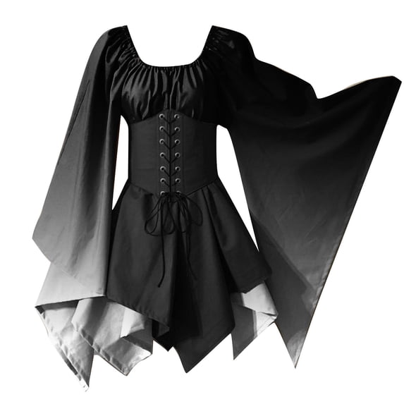 Mrat Women's Medieval Costume Medieval Vintage Retro Irregular Flare Sleeve Lace up Dress Party Clothing S-95 Black S