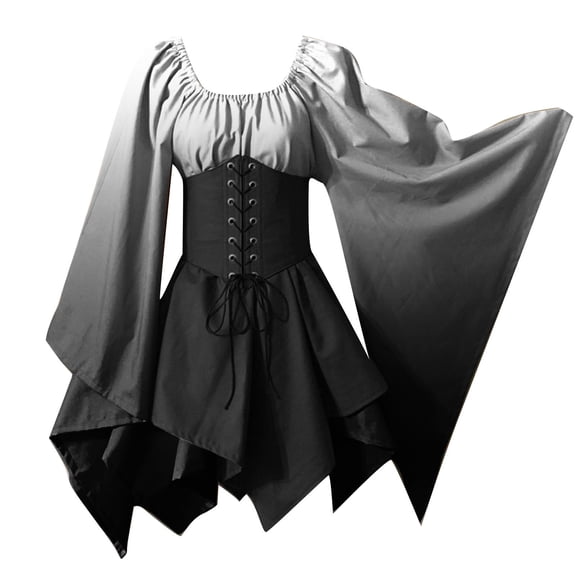 Mrat Women's Medieval Costume Medieval Vintage Retro Irregular Flare Sleeve Lace up Dress Party Clothing S-95 White M