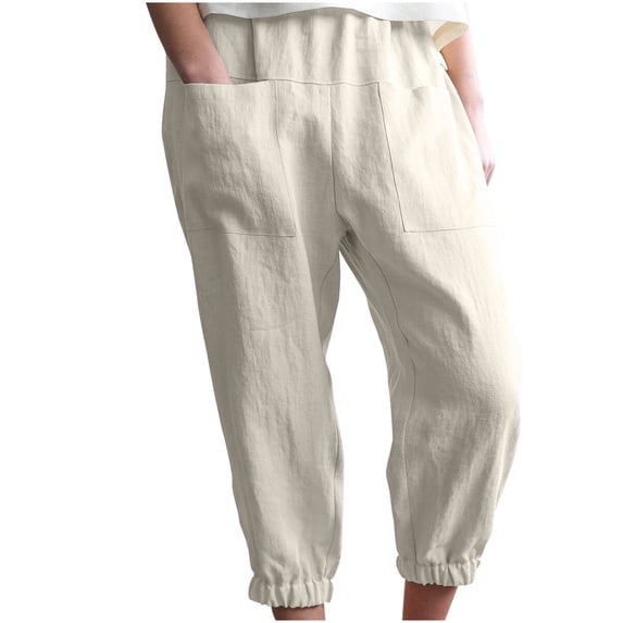 Mrat Women's New Casual Loose Pocket Cotton Linen Pants Solid Color Pants Home Seven Pants Capris Pants for Ladies S-127 Khaki m