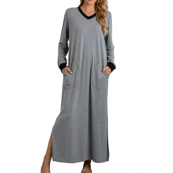 Mrat Women's Nightgown V-Neck Dress Long Sleeve Sleepwear Full Length Nightgown Dress with Pockets S-66 Gray XXL