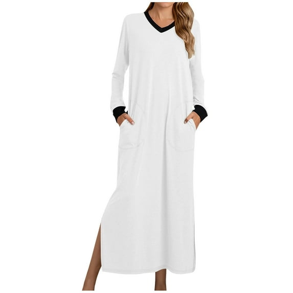 Mrat Women's Nightgown V-Neck Dress Loungewear Long Sleeve Sleepwear Full Length Nightgown Dress with Pockets S-28 White L