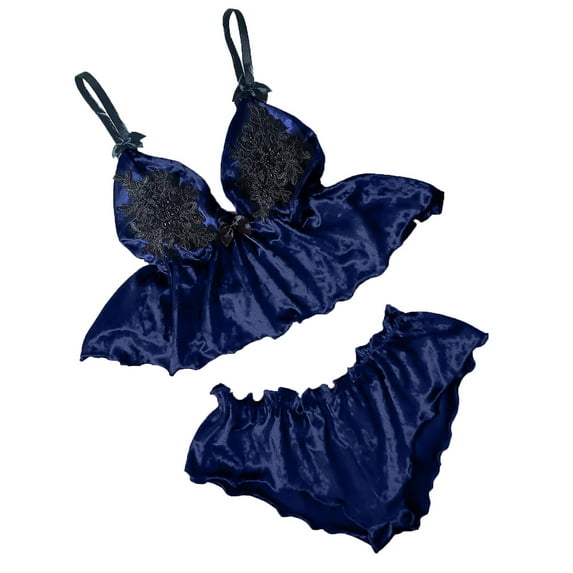 Mrat Women's Nightgowns & Sleepshirts Lingerie Sets V-Neck Button up Pajamas for Women Plush Robes for Women Robes Lightweight Beaded Camisole Pajamas Bowknot Shorts Set Navy_H L