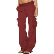 Mrat Women's Pants Solid Pants Hippie Punk Trousers Low Cargo Pants Patchwork Pants Streetwear Jogger Pocket Loose Overalls Long Pants Wine XS