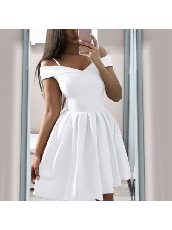 Mrat Women's Pleated Flare Mini Dress Satin Homecoming Dresses Sleeveless Spaghetti Strap A-Line Prom Dress Cute Short Party Gown Dress Cute Short Party Gown Dress White XL