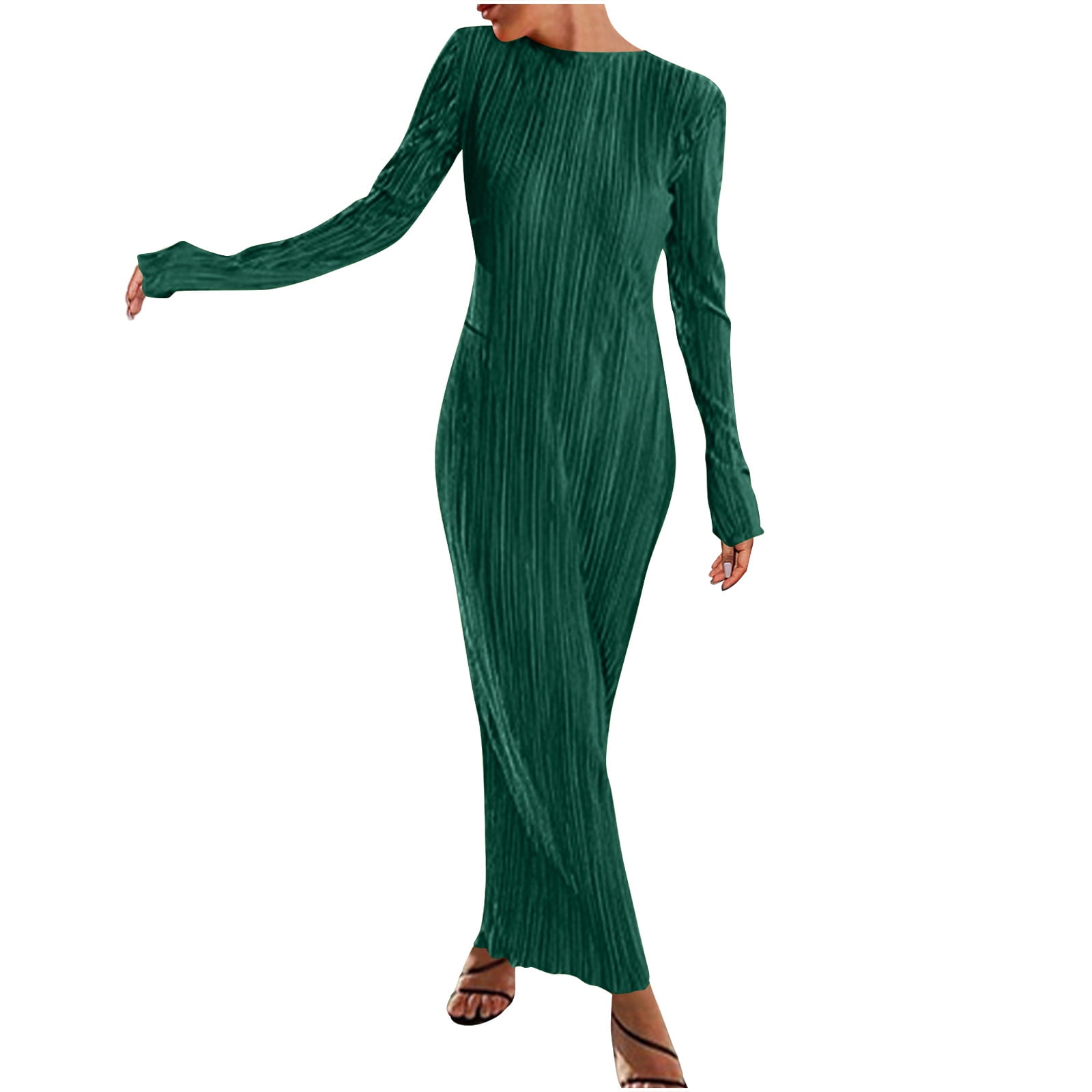 Mrat Women's Pleated Maxi Dress Long Sleeve Bodycon Long Dress Solid Color  Crew Neck Casual Cocktail Party Club Dresses S-28 Green M - Walmart.com