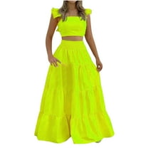 Mrat Women's Plus Size Outfits V Neck Croped Tops Ruffle Sleeve and Flowy Maxi Pleated Skirt Set Beach Wear Suit Jogging Tracksuit Set S-36 Green XXL