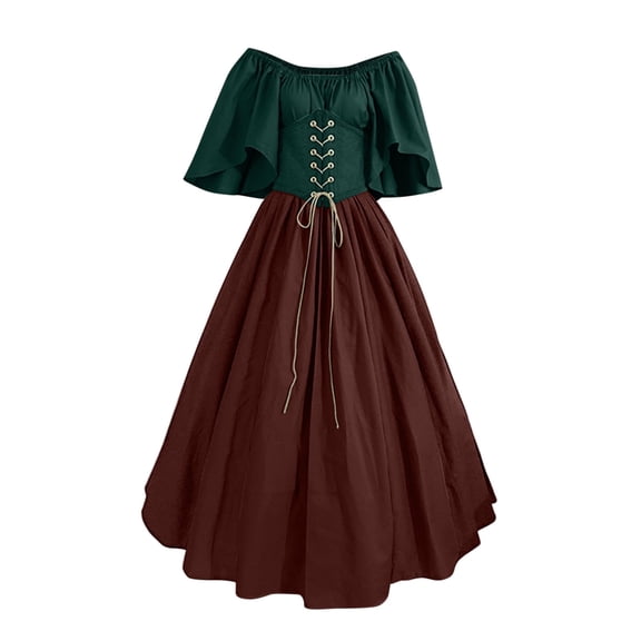 Mrat Women's Plus Size Vintage Dress Flare Sleeve off Shoulder Medieval Retro Dresses with Corset Patchwork Ball Gown S-99 Green 5XL