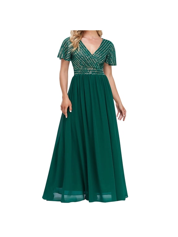 Mrat Women's Sequin Embroidery V-Neck Short Sleeve Maxi Evening Dress Prom Gowns Maxi Plus Size Evening Formal Dress Short Sleeve Long Gown Dress Green M