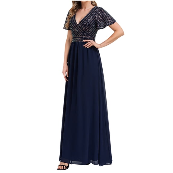Mrat Women's Sequin Embroidery V-Neck Short Sleeve Maxi Evening Dress Prom Gowns Maxi Plus Size Evening Formal Dress Short Sleeve Long Gown Dress Navy XL