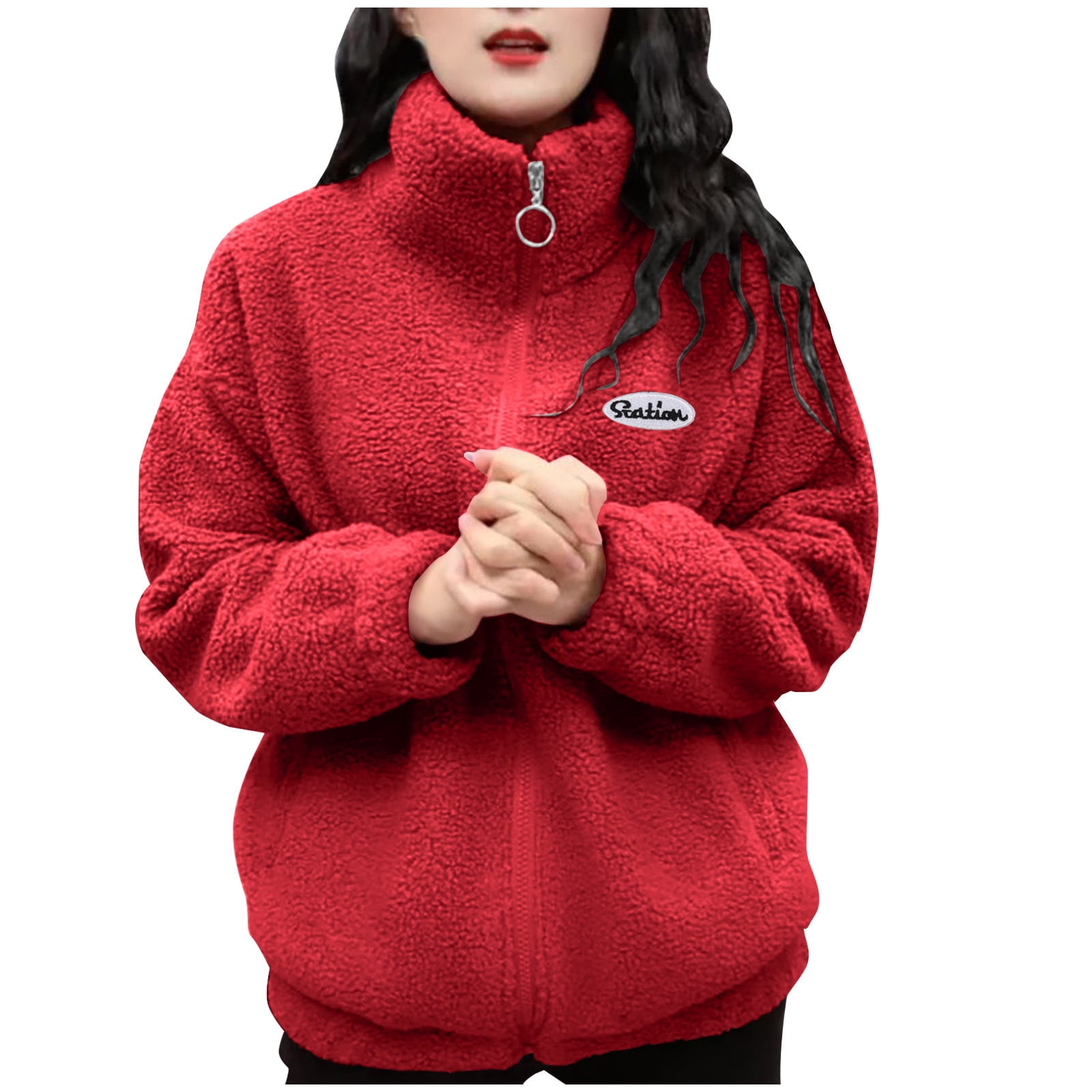 Mrat Women's Sherpas Fleece Jacket Full Zip Fuzzy Coat Winter Warm