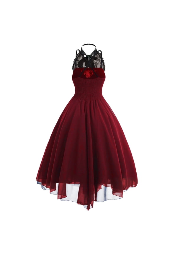 Women's Sleeveless Gothic Lace Dress with Corset Lace Neck A-Line Flowy Cocktail Dress 1950s Dresses S-58 Wine XL