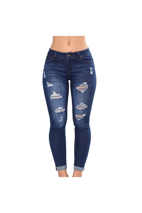 Women's Stretch Jeans Pants Ripped Denim Jeggings Plus Size Jean Trousers with Pockets S-46 Dark Blue L