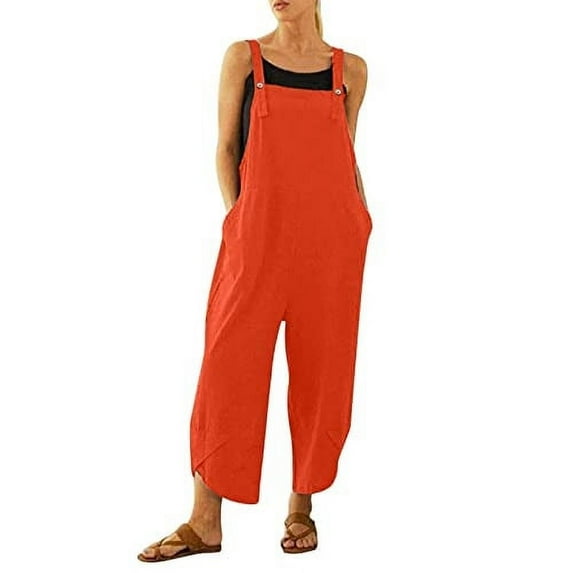 Mrat Women's Summer Casual Solid Pocket Romper Long Strap Button Jumpsuit with Pockets Loose Pants for Women S-52 Orange 3XL