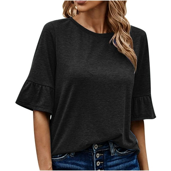 Mrat Women's Summer Hawaiian Shirt and Short Set Long Sleeve Round Neck Womens 's Tunics Sweats Womens Peasant Blouses for Womens Black 3XL