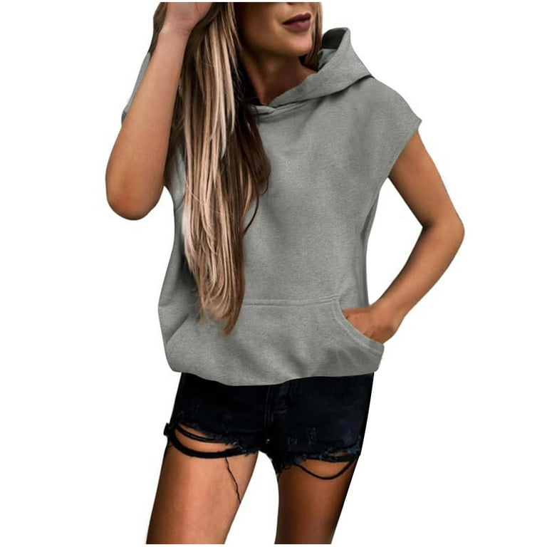 Mrat Women's Summer Hoodie Sleeveless Hooded for Athletic Exercise Relaxed  Breathable Active Sleeveless Drawstring Hoodie Sports Hooded Sweatshirt  Teen Girls Casual Tops Gray XL 