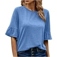 thumbnail image 1 of Mrat Women's Summer Shirt Built in Long Sleeve Round Neck Linen Tunic Custom Sweat Womens Tops and Blouses Blue 3XL, 1 of 6