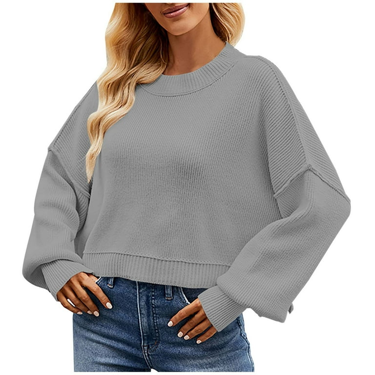 Mrat Women s Sweaters Casual Color Retro Sweaters Turtle Neck Sweater for Ladies Slit Sweater Knitting Long Sleeve Round Neck Sweater Gray XS