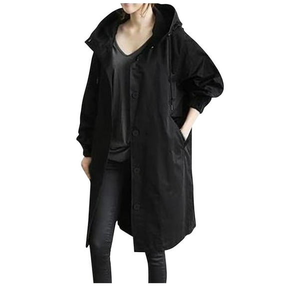 Mrat Women's Trench Jackets, Women's Single Breasted Long Trench Coat, Rain Jacket Loose Winter Oversized Elegant Windbreaker Outwear with Pockets S-49 Black XXL