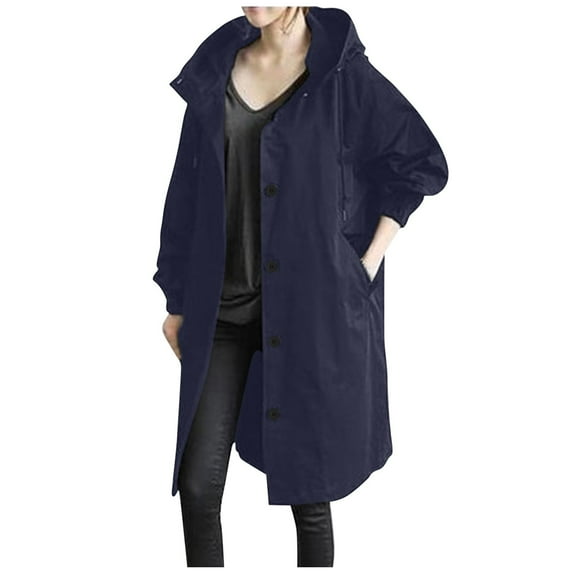 Mrat Women's Trench Jackets, Women's Single Breasted Long Trench Coat, Rain Jacket Loose Winter Oversized Elegant Windbreaker Outwear with Pockets S-49 Navy XL