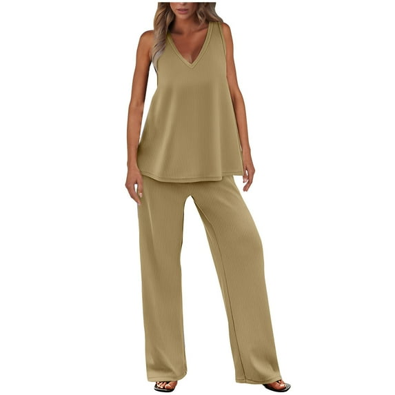Mrat Women's Two Piece Outfits Ribbed Flowy Tank Tops and Wide Leg Pants Sets Casual Loungewear S-63 Beige S