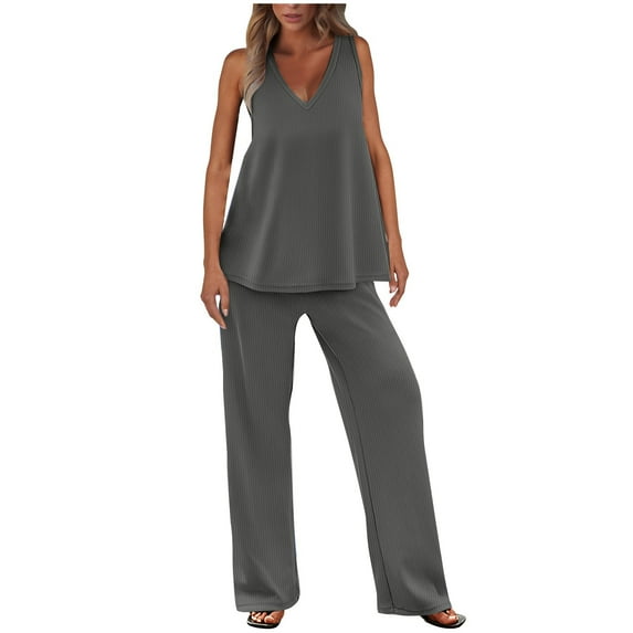Mrat Women's Two Piece Outfits Ribbed Flowy Tank Tops and Wide Leg Pants Sets Casual Loungewear S-63 Gray S