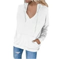 thumbnail image 1 of Mrat Women's V Neck Hoodies Long Sleeve Sweatshirt Drawstring Pullover Tops with Pocket S-96 White XL, 1 of 1