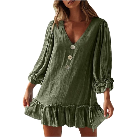 Mrat Women's V Neck Long Sleeve Dress Mini Dress Ruffle Hem Flowy Dress Loose Tunic Mini Dress S-107 A-Green L