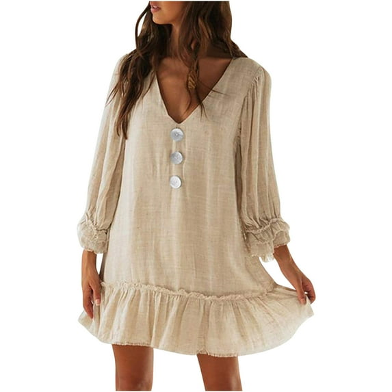 Mrat Women's V Neck Long Sleeve Dress Mini Dress Ruffle Hem Flowy Dress Loose Tunic Mini Dress S-107 Beige S
