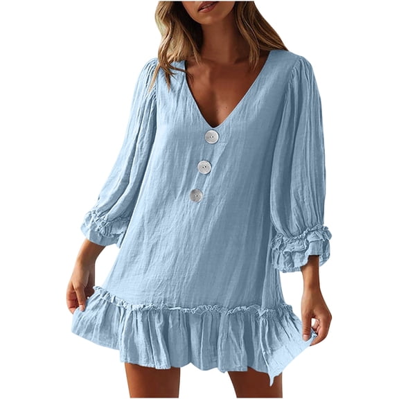 Mrat Women's V Neck Long Sleeve Dress Mini Dress Ruffle Hem Flowy Dress Loose Tunic Mini Dress S-107 Light Blue L