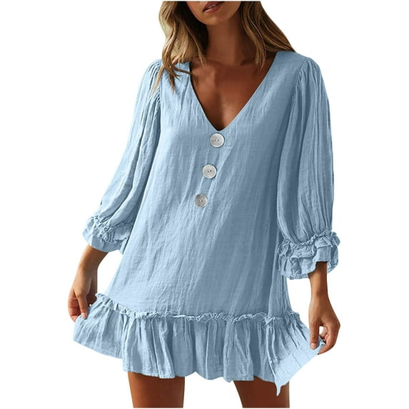 Mrat Women's V Neck Long Sleeve Dress Mini Dress Ruffle Hem Flowy Dress Loose Tunic Mini Dress S-107 Light Blue M