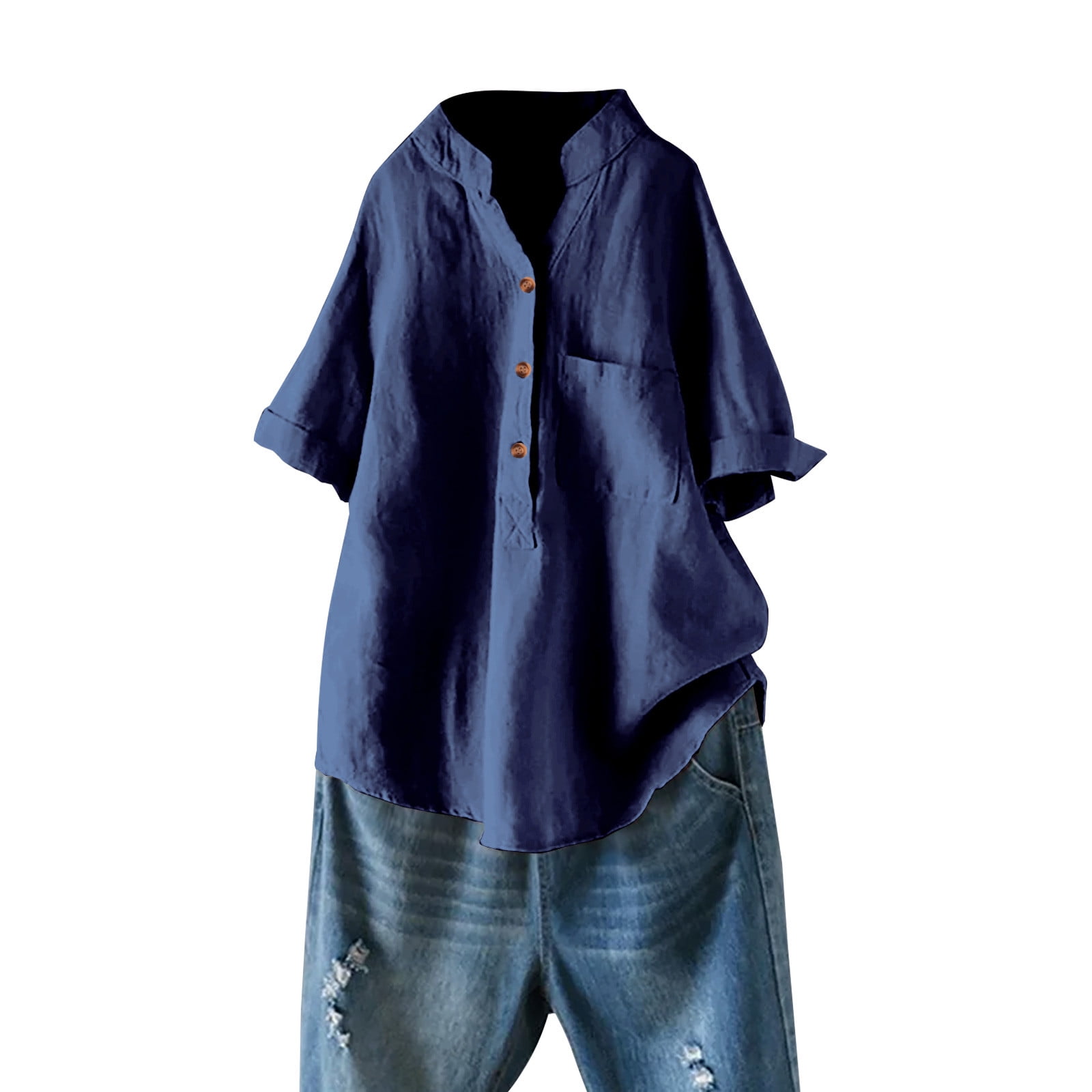 Mrat Women's V-Neck Long Sleeve Fishing Shirt Womens Loose Cotton And Linen  Plus Size Tunic Tunic Preppy Sweat Shirts Summer Short Sleeve Blouse Shirts  Blouse Navy 3XL 